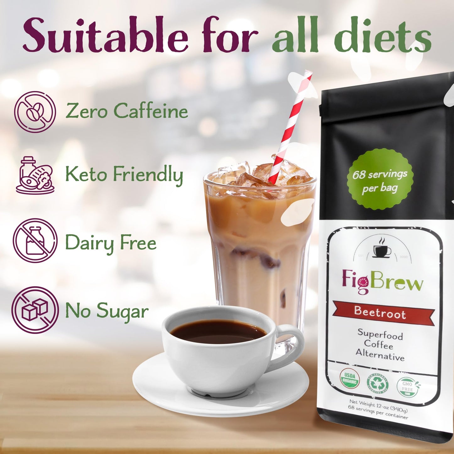 Figbrew - Beetroot Superfood Organic Coffee Alternative, Ground Coffee Substitute, Non-Acidic, Stomach-Friendly Replacement For