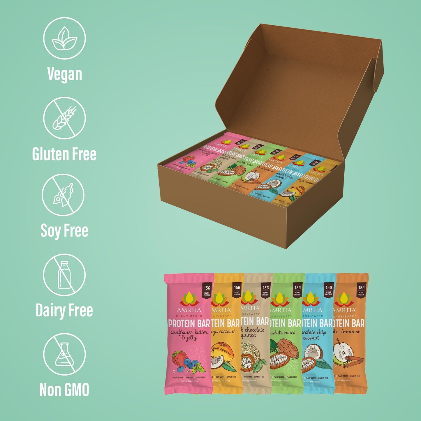 Amrita Vegan High Protein Bars Sampler Pack, 7 Flavors, Gluten Free, 15g Protein, 7 Count