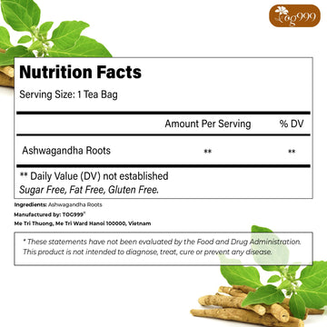 TOG999 enhanced 60 Ashwagandha Root Tea Bags 100% Natural & Pure Ashwagandha Root Herbal Tea. No Sugar No Caffeine No Gluten Vegan.