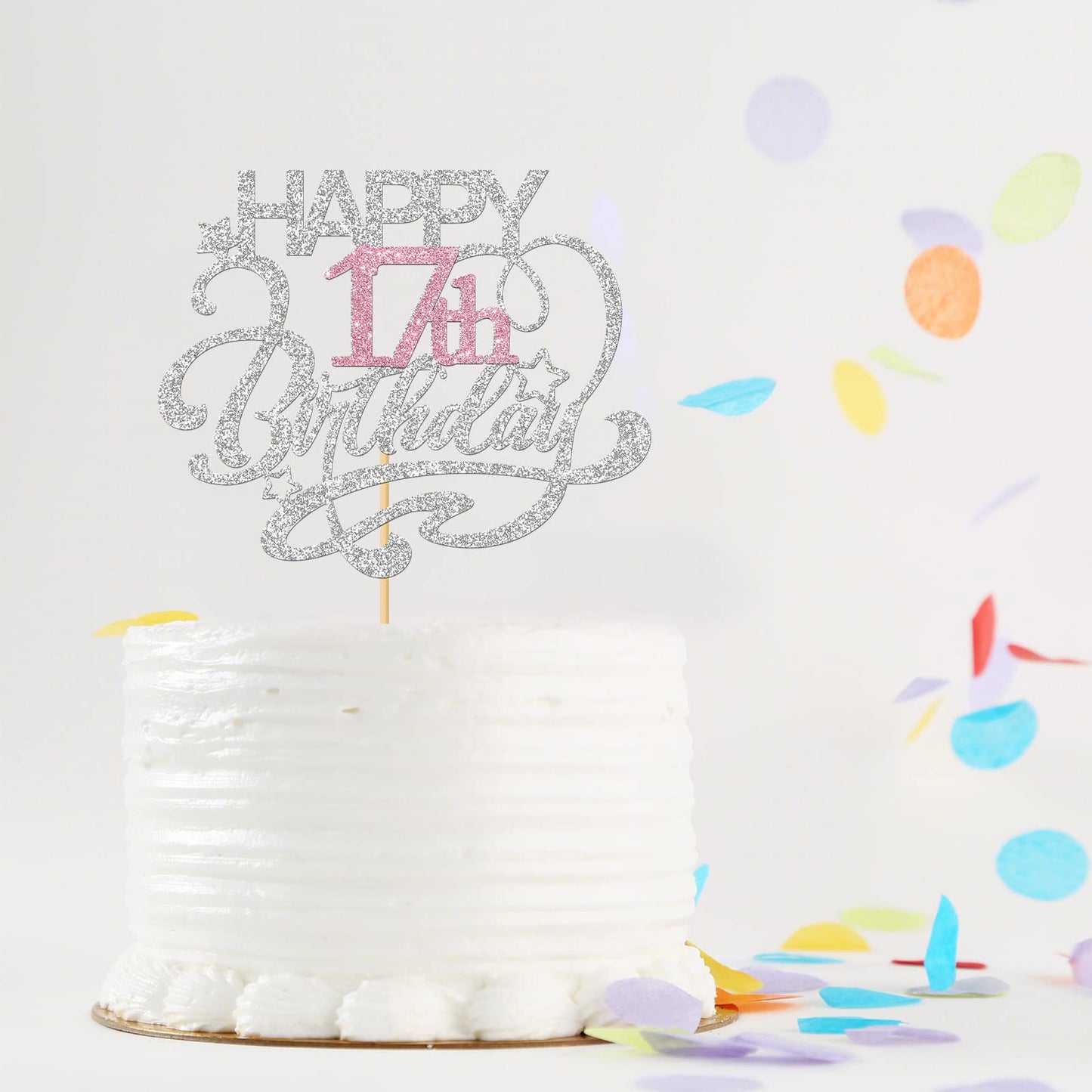 Monmon & Craft Happy 17Th Birthday Cake Topper/Cheers To 17 Years/Girls 17Th Birthday Party Decor Supplies - Silver & Pink Glitt