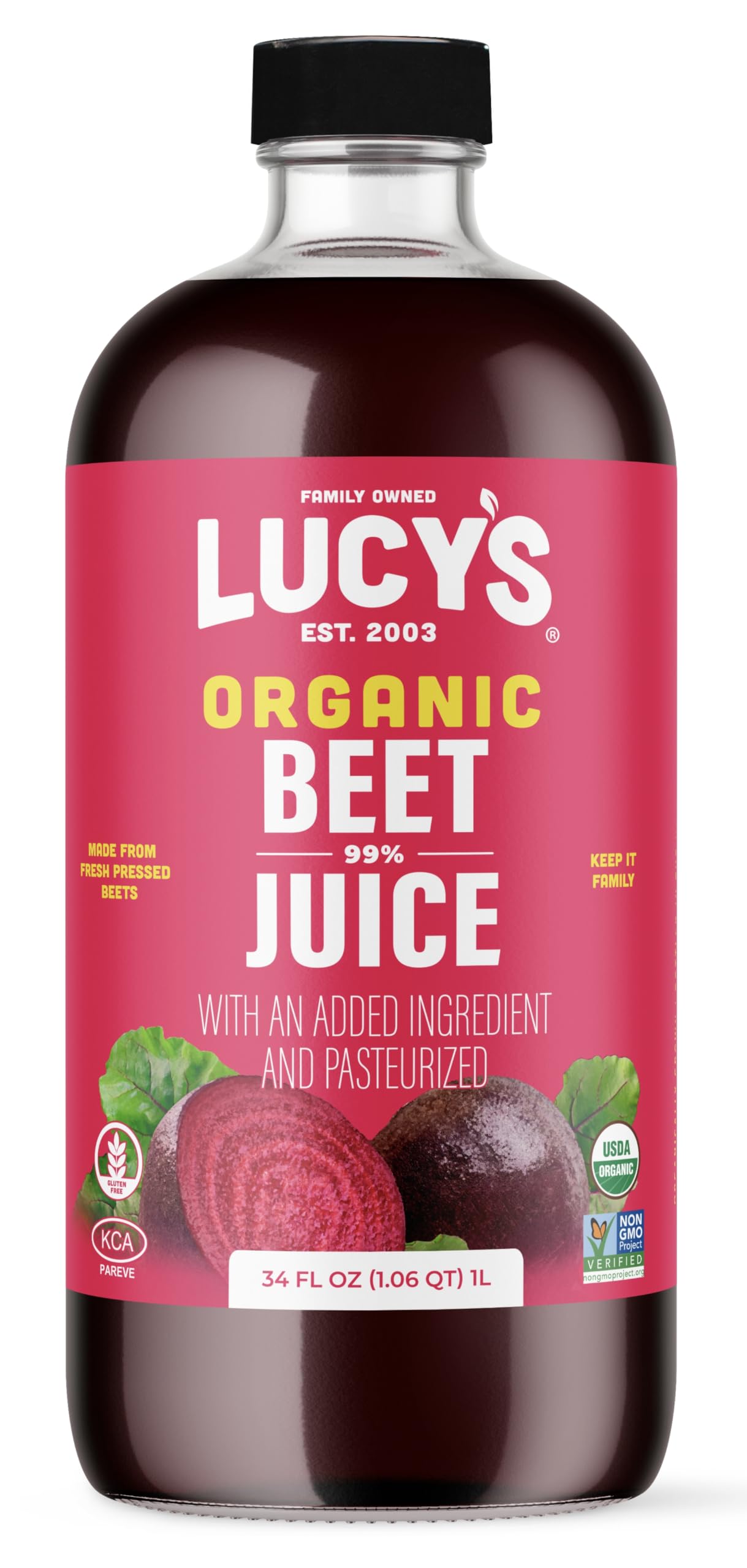 Lucy’S Family Owned - American Beets Organic 99% Pure Beet Juice, 34 Oz. Glass Bottle (Made From Fresh Pressed)