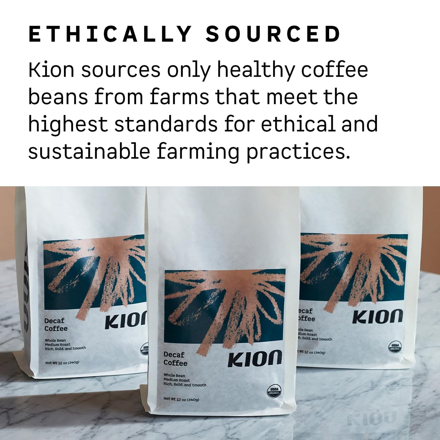 Kion Organic Decaf Whole Bean Coffee, Tested For Toxins, Ethically Sourced, Rich, Bold, And Smooth, Medium Roast 12 Oz (3 Pack)