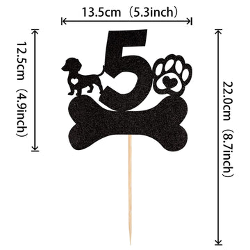 1 Pcs 5Th Birthday Cake Topper Black Glitter Dog Paw Five Years Old Birthday Puppy Dog Bone Cake Pick For Let'S Pawty Baby Showe