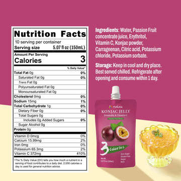 Hethstia Konjac Jelly Drinkable Squeeze Pouch Passion Fruit Flavor, 3 Calories, 10 Packs, 0 Sugar, Vegan, Gluten Free, Keto, Vit