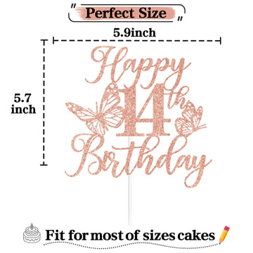 Rose Gold Glitter Happy 14Th Birthday Cake Topper, Butterfly Happy 14Th Birthday/Cheers To 14 Years, Butterfly Themed 14Th Birth