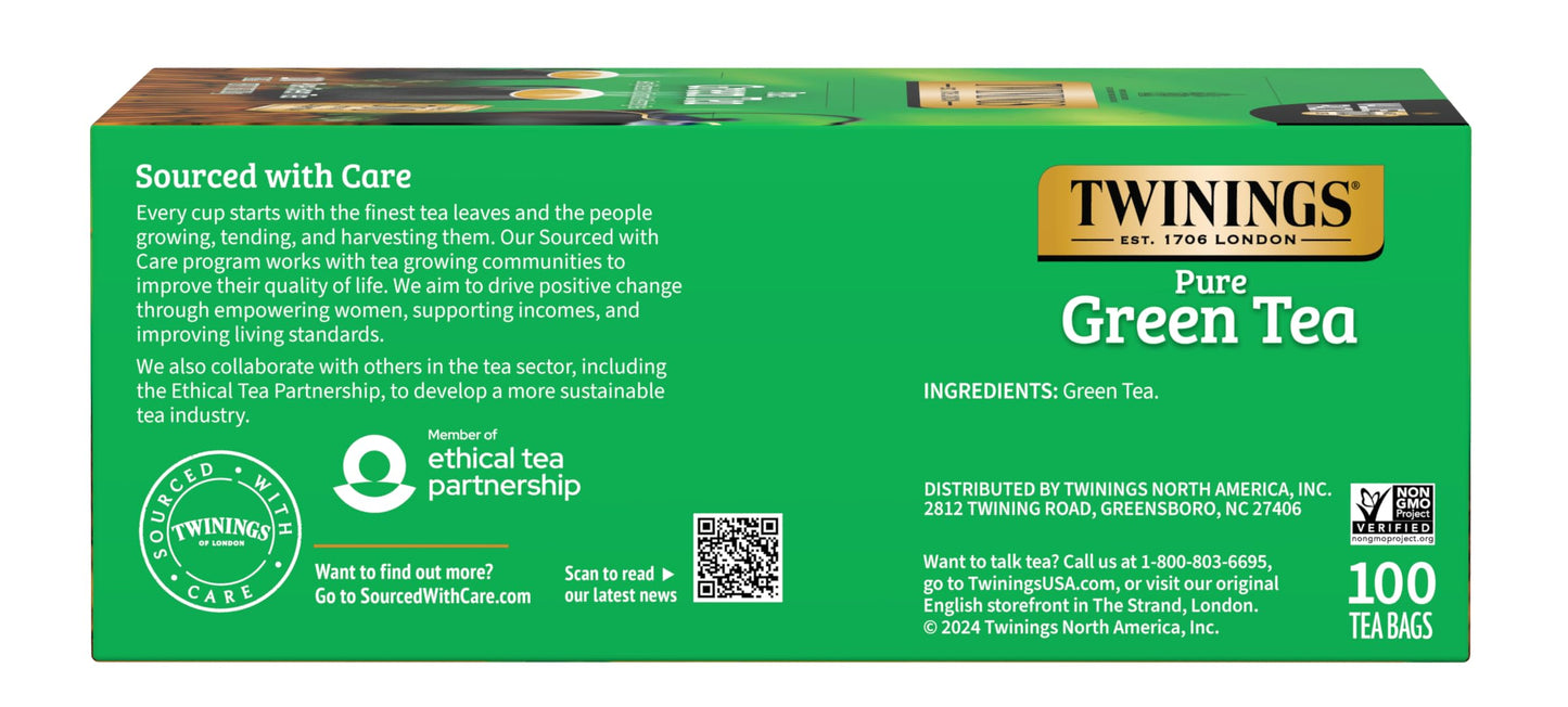 Twinings Pure Green Tea Individually Wrapped Bags, 100 Count (Pack Of 1), Smooth & Refreshing, Caffeinated, Enjoy Hot Or Iced