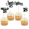 Gyufise 24Pcs Black Glitter 18th Birthday Cupcake Toppers Sweet 18 Hello 18 Eighteen Cupcake Picks for 18th Birthday Cake Decora