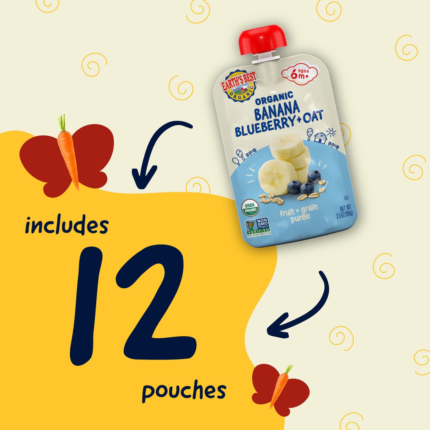 Earths Best Organic Baby Food Pouches, Wholesome Breakfast Puree for Babies 6 Months and Older, Organic Banana Blueberry and Oa
