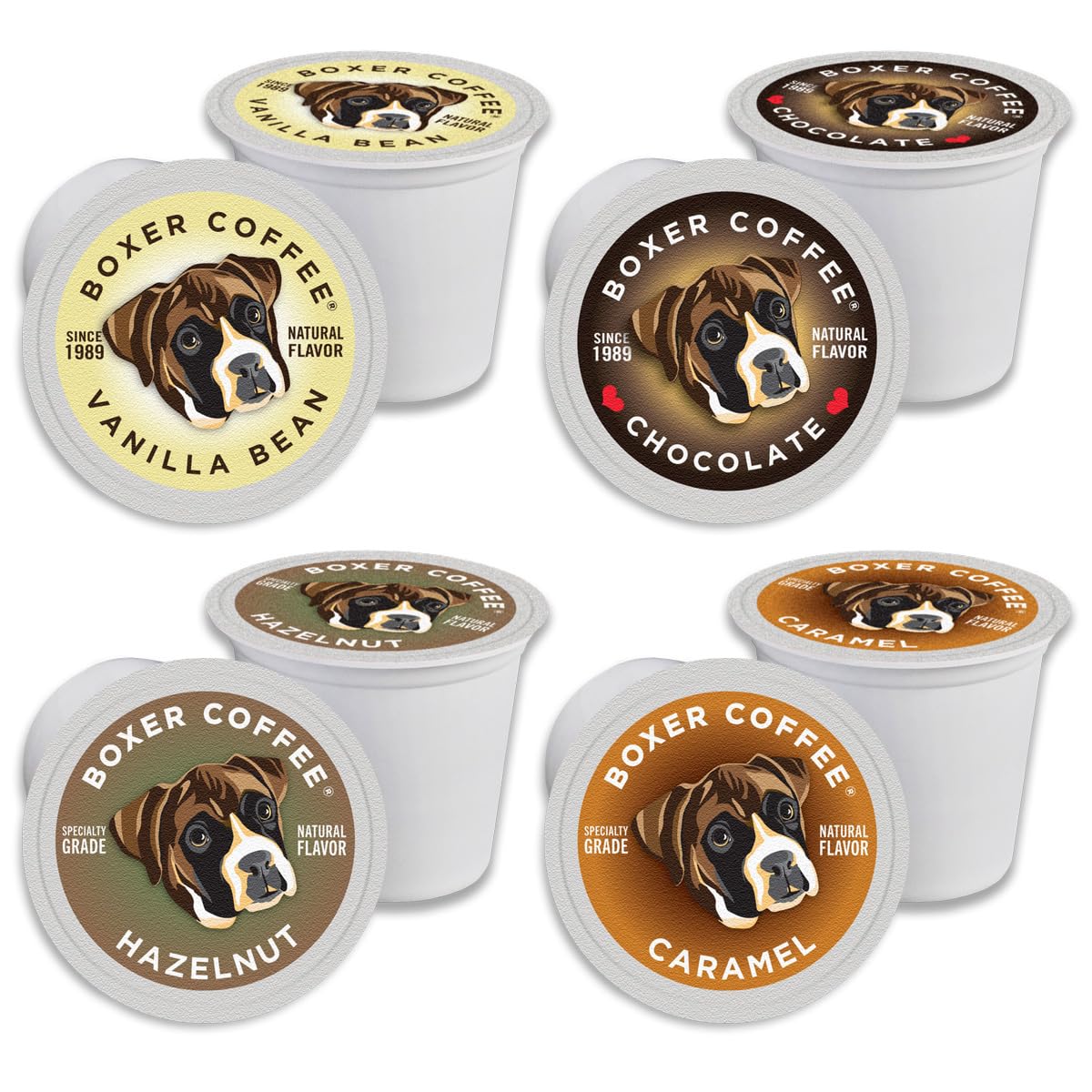 Boxer Coffee Cozy Classics Variety Naturally Flavored Pods Compatible With Keurig K-Cup 48 Count - Vanilla Chocolate Hazelnut Caramel