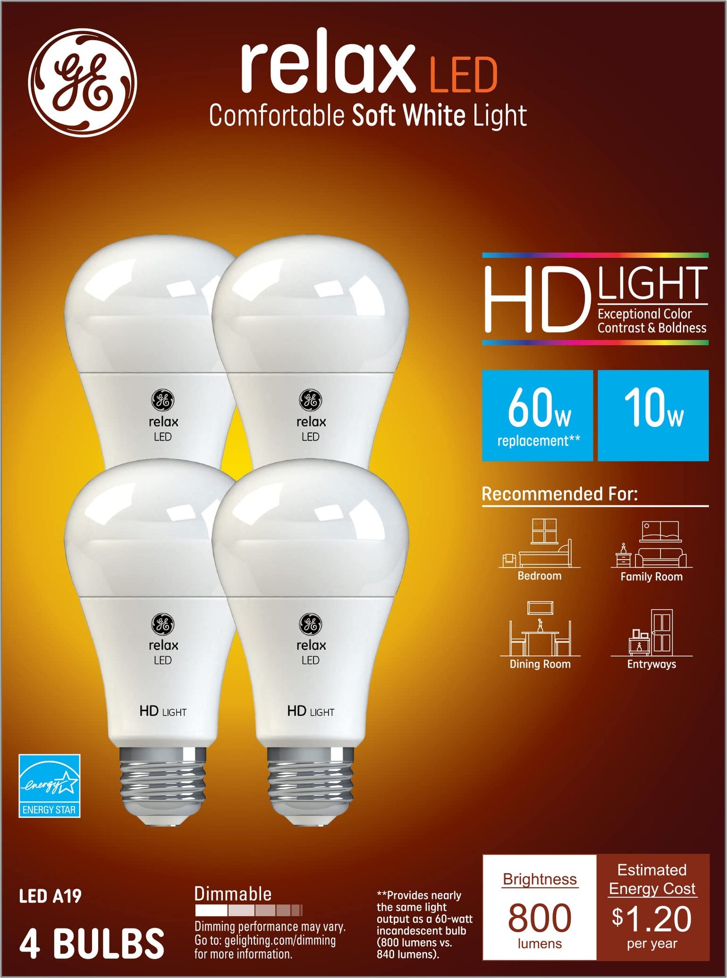 Ge Relax Led Light Bulbs, 60 Watt Eqv, Soft White Hd Light, A19 Standard Bulbs, Medium Base (4 Pack)