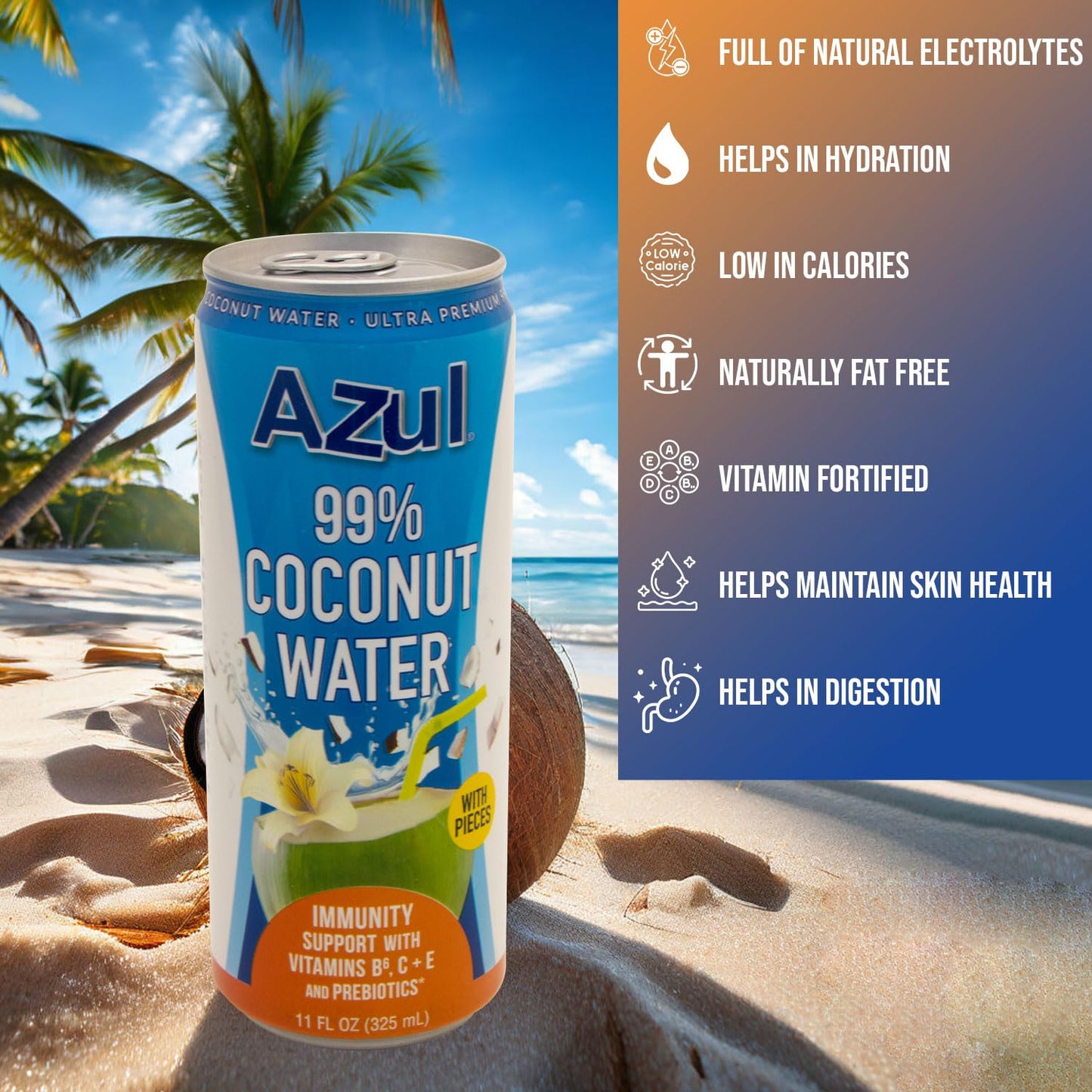 Azul 99% Coconut Water With Coconut Water Immunity Supports, Vitamin B6, C, E, And Probiotics, Natural Hydrating Elixir, Organic