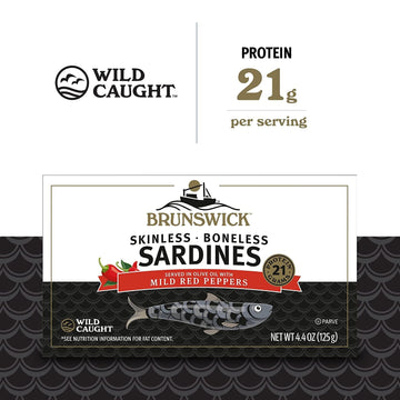 Brunswick Wild Caught Skinless And Boneless Sardines, Served In Olive Oil With Mild Red Peppers, 4.4 Oz (Pack Of 6)