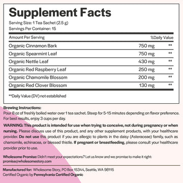 Organic Fertility Tea For Women W Red Raspberry Leaf Tea, Cinnamon Bark, Spearmint Leaf, Nettle Leaf, Chamomile, & Red Clover |
