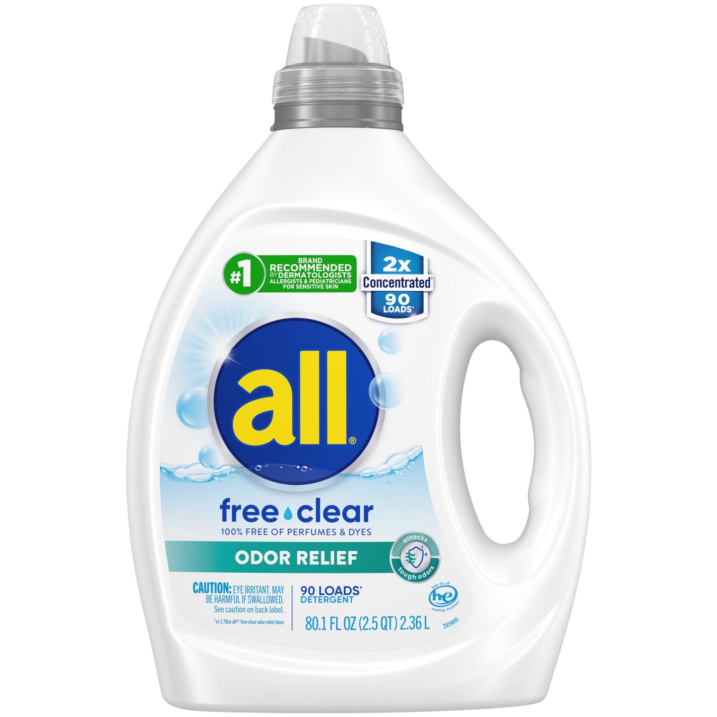 All Laundry Detergent Liquid, Free Clear For Sensitive Skin, Odor Relief, Unscented And Hypoallergenic, 2X Concentrated, 90 Load