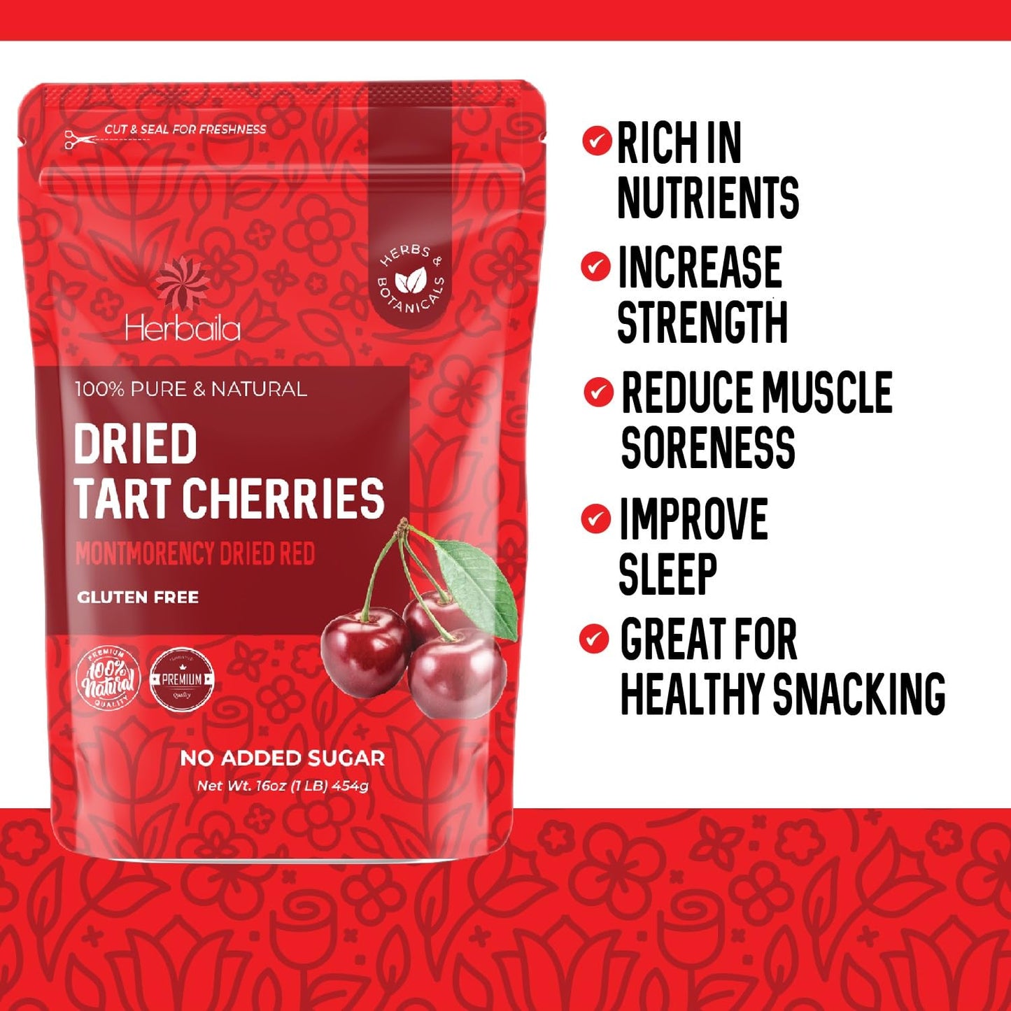 Herbaila Dried Tart Cherries, Montmorency Sour Cherries, 1 Pound Pack, All-Natural