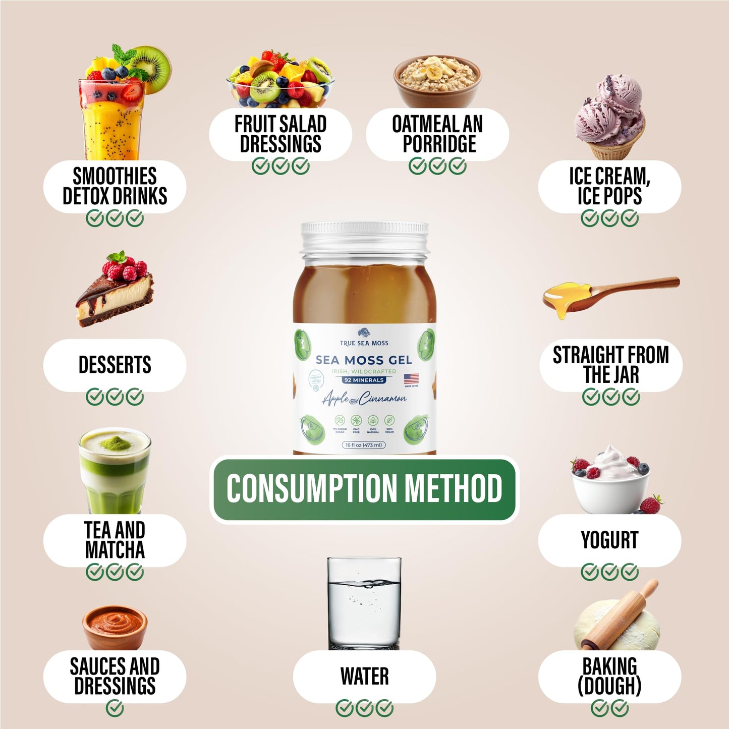 Trueseamoss Wildcrafted Irish Sea Moss Gel - Made With Dried Seaweed & Fresh Sea Vegetables, Seamoss - Made In Usa (Apple/Cinnam