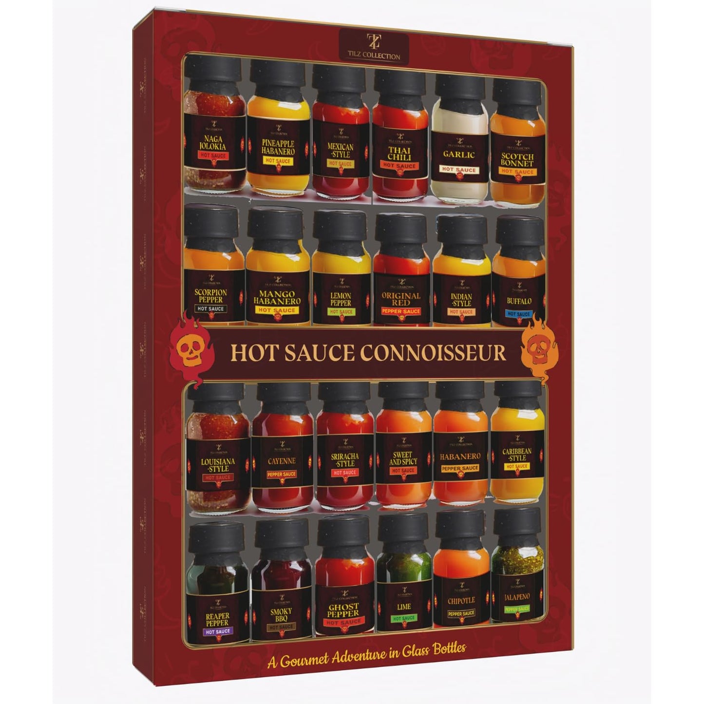 TILZ Hot Sauce Gift Set | 24 Bottles Sampler | Sriracha, Jalapenos, BBQ | Medium Size