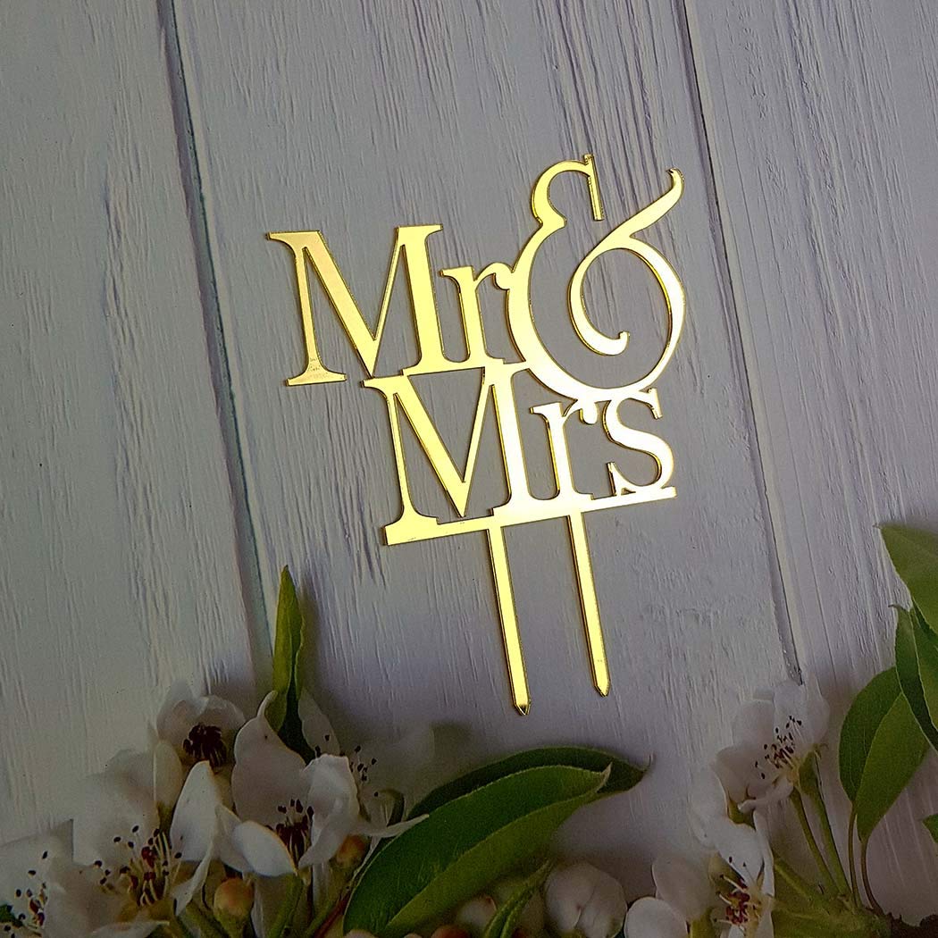 JIEEIN Mr and Mrs Cake Topper, Bride and Groom Sign, Mirror Gold Acrylic, 1 Count, Model NJ-0498