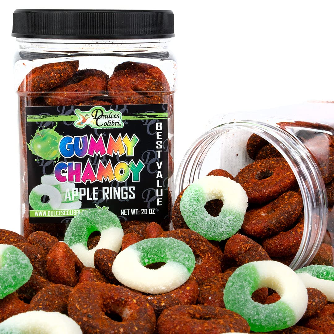 Dulces Colibri - GUMMY CHAMOY Green Apple Rings | Best Value Jar | Dry Chamoy Coated Gummies | Mess Free | Handmade to Order | L