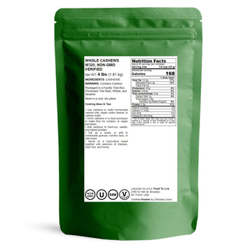 Food To Live Raw Cashews, 4 Pounds - Non-Gmo Verified, Deluxe Whole Nuts, Unsalted, Unroasted, Size W-320, Vegan, Kosher, Bulk