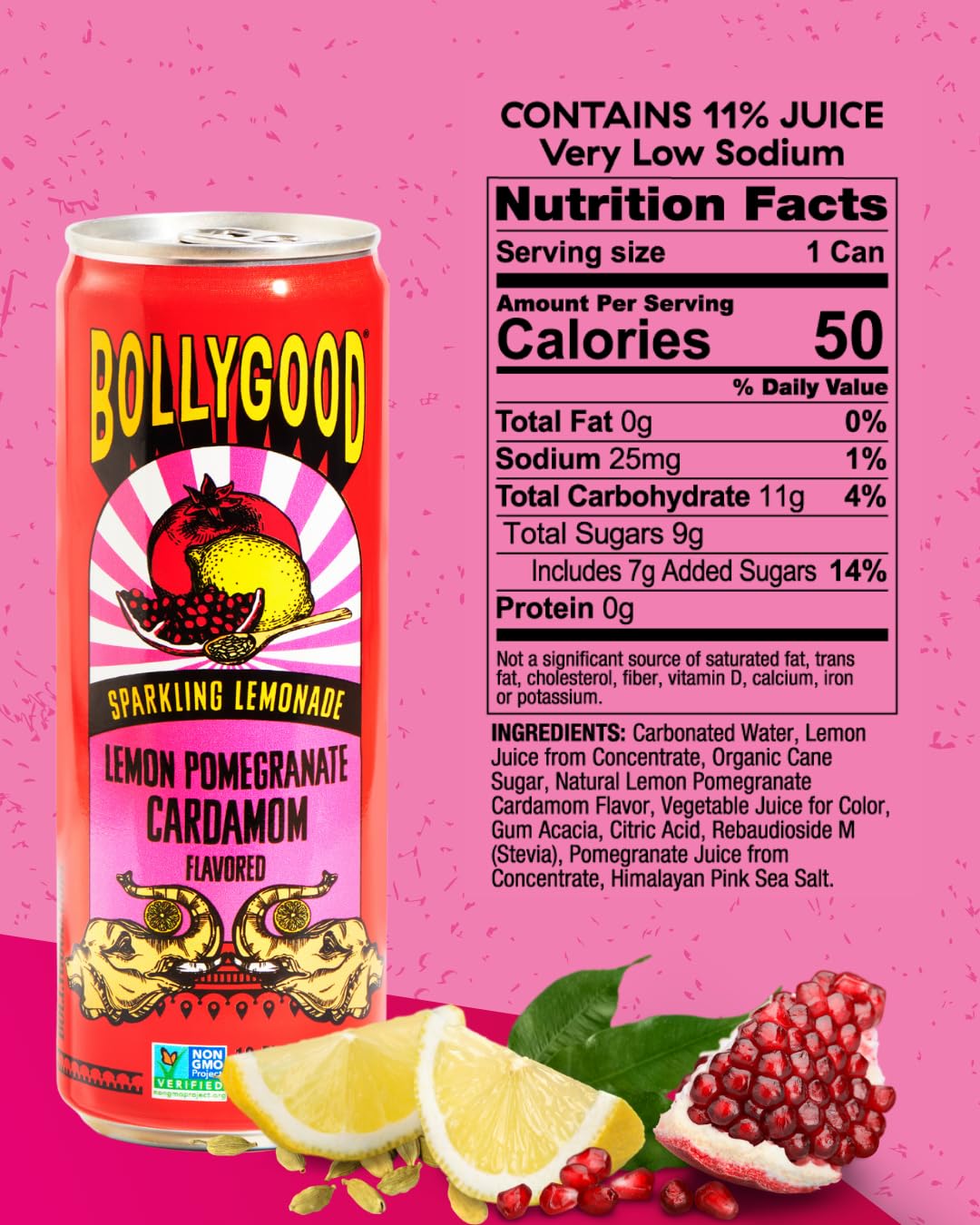 Bollygood Sparkling Lemonade, Lemon Pomegranate Cardamom, Indian Inspired Beverage Nimbu Pani, No Artifical Colors Or Flavors, N