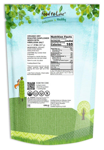 Food To Live Organic Roasted And Salted Sunflower Seeds, 2 Pounds Non-Gmo Kernels, Vegan, Kosher, Bulk, Hulled, High In Protein And Dietary Fiber. Great For Snacking, Cooking, And Salads.