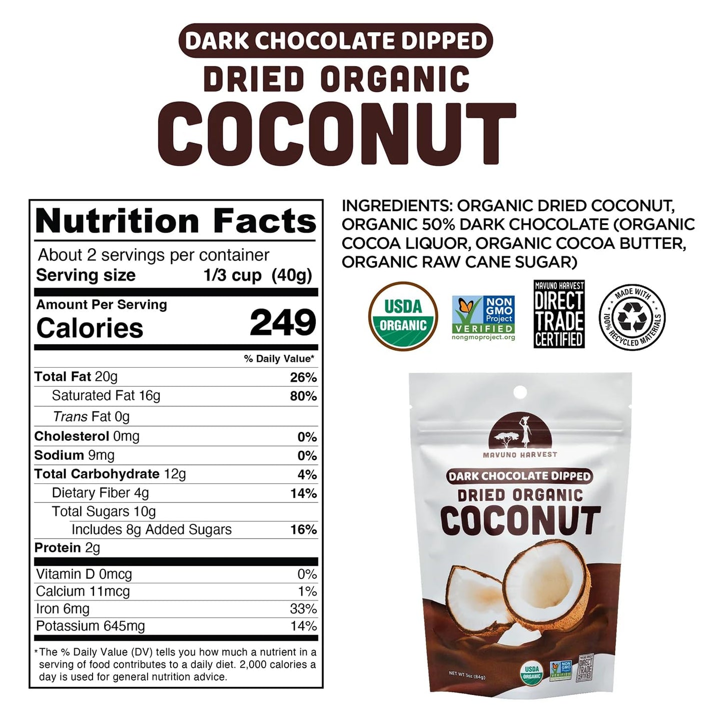 Mavuno Harvest Organic Chocolate Covered Coconut - Organic Dried Coconut Dipped in Dark Chocolate - Non GMO, Preservative Free,