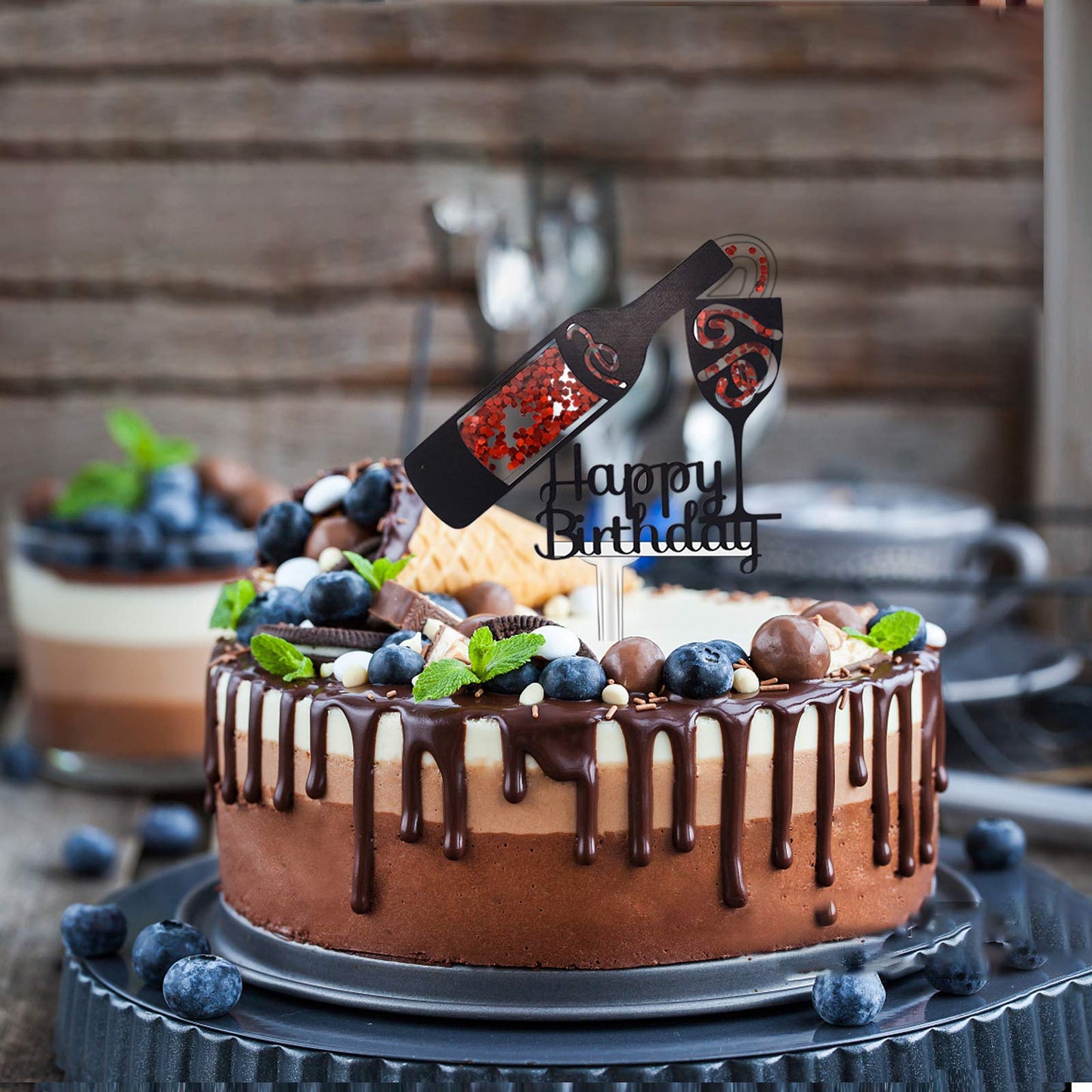 Firefairy Acrylic Cake Topper, Whisky and Wine Theme, 5.5 x 7 inches, Multi Color
