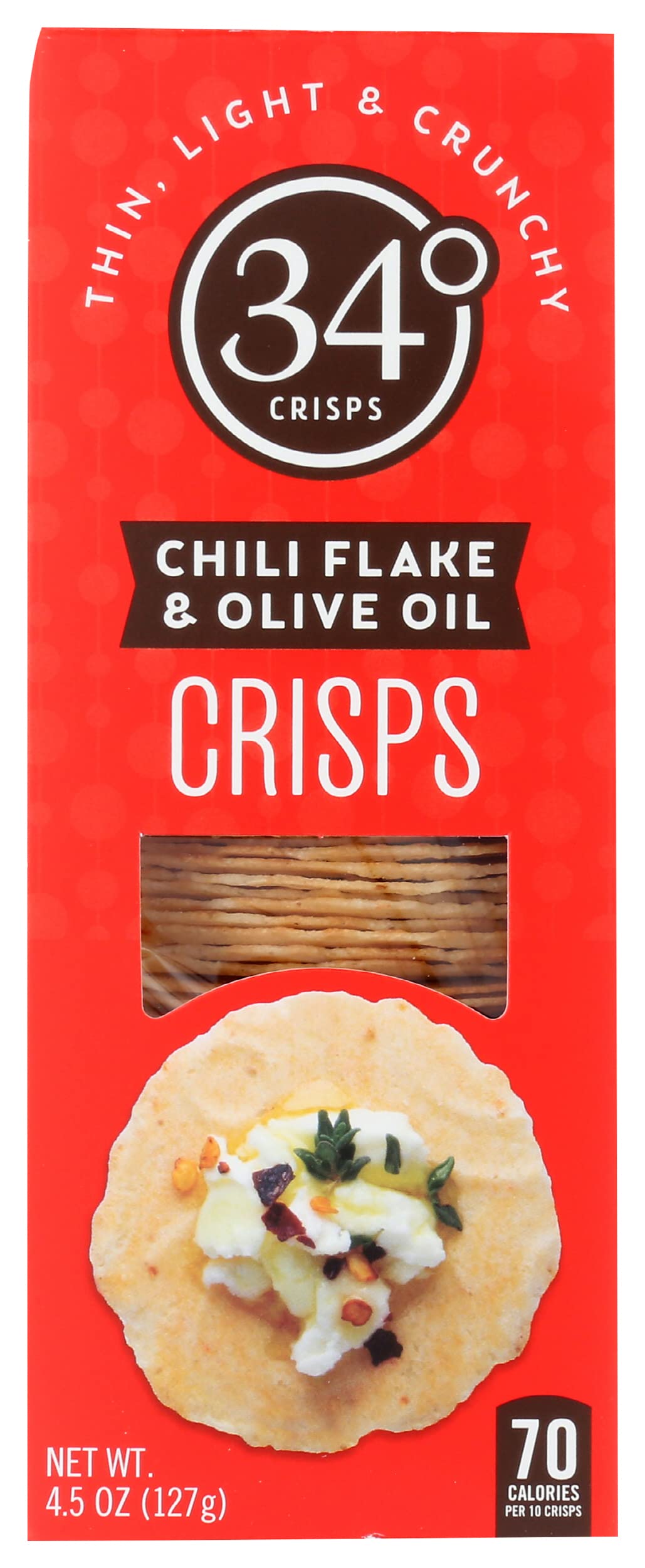 34 Degrees Chili Flake & Olive Oil Crisps, Thin Light & Crunchy Crisps, 4.5 Oz (Pack of 12)