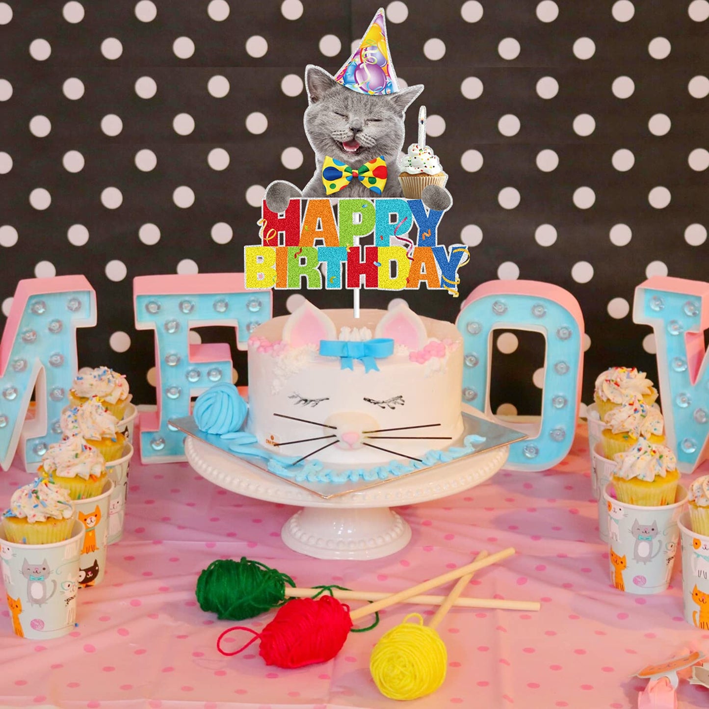 Cat Cartoon Happy Birthday Cake Topper Black Glitter For Pet Themed Bday Party Decoration Supplies