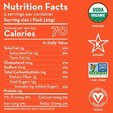 Sunny Fruit Organic Dried Persimmons - 1 Bag (5 Individual Portion Packs) | Healthy, Convenient Snack Packs | Organic, Non-Gmo,