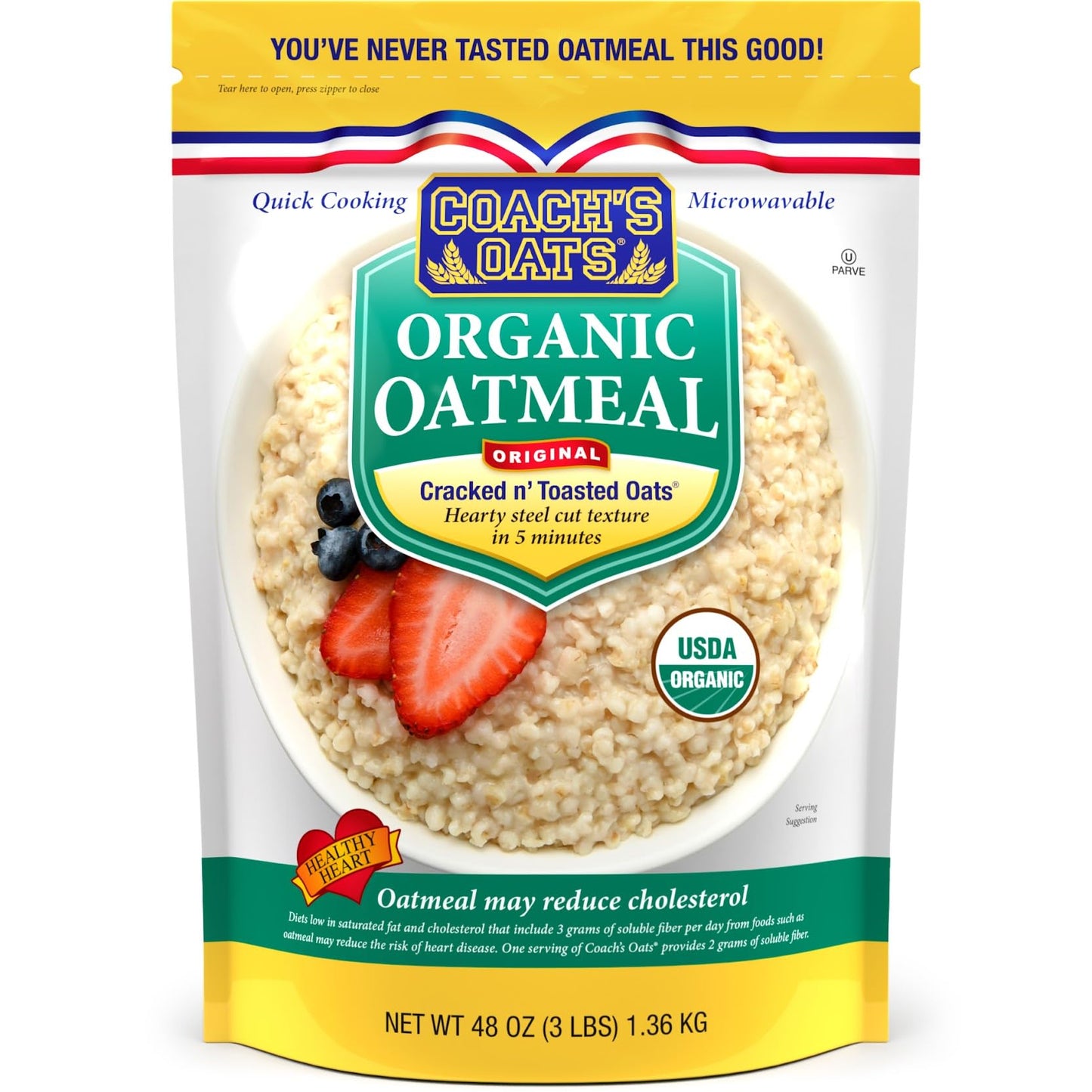 Coach'S Oats Organic Whole Grain Oatmeal 3 Lbs | Cracked N Toasted Oats | Quick-Cooking, Steel Cut Texture | Heart-Healthy, Deli