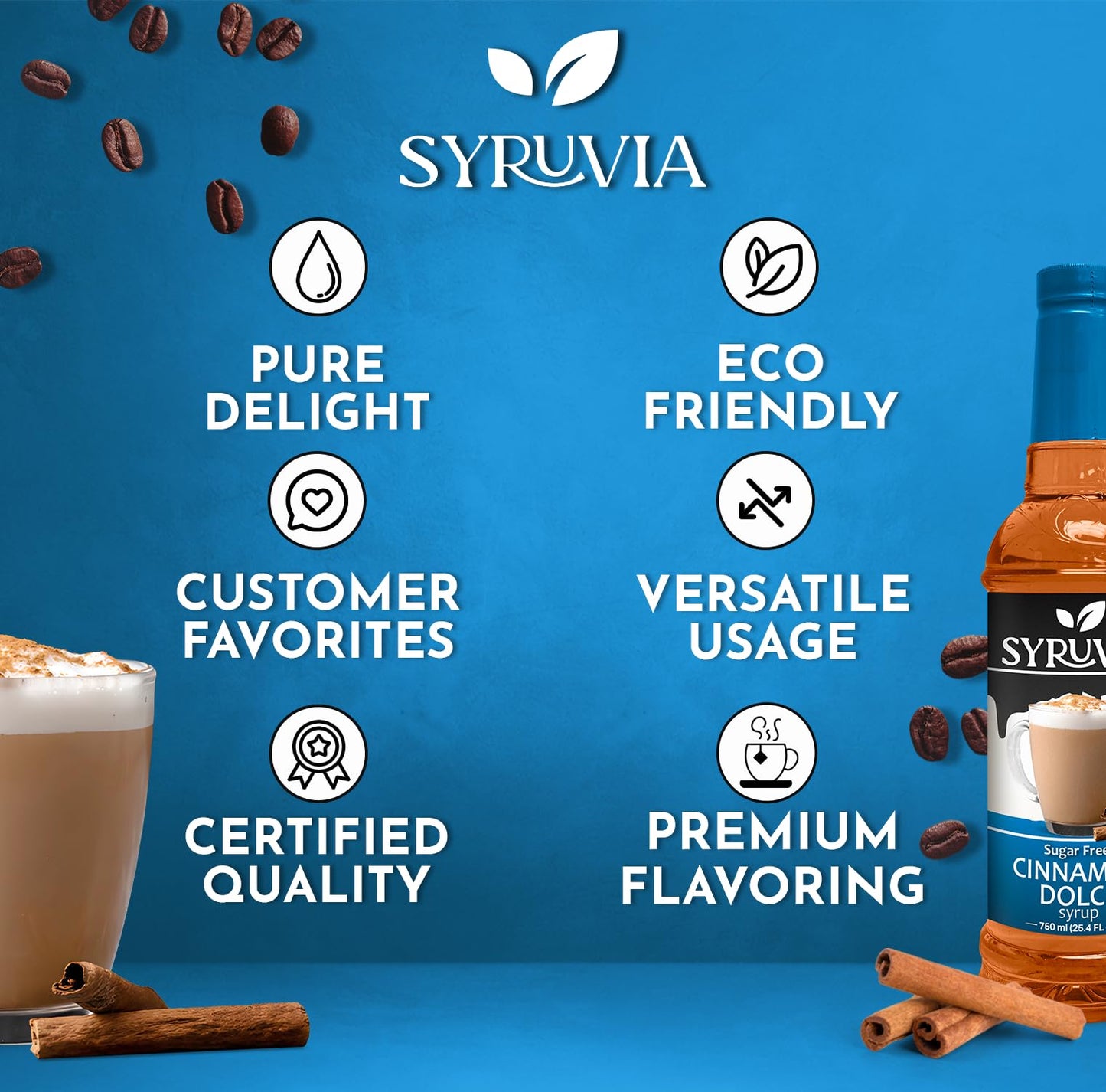 Syruvia Sugar-Free Cinnamon Dolce Syrup - 25.4 fl oz. Premium Coffee Flavoring Syrup. 0 Calories, Kosher, and Gluten-Free. Perfe