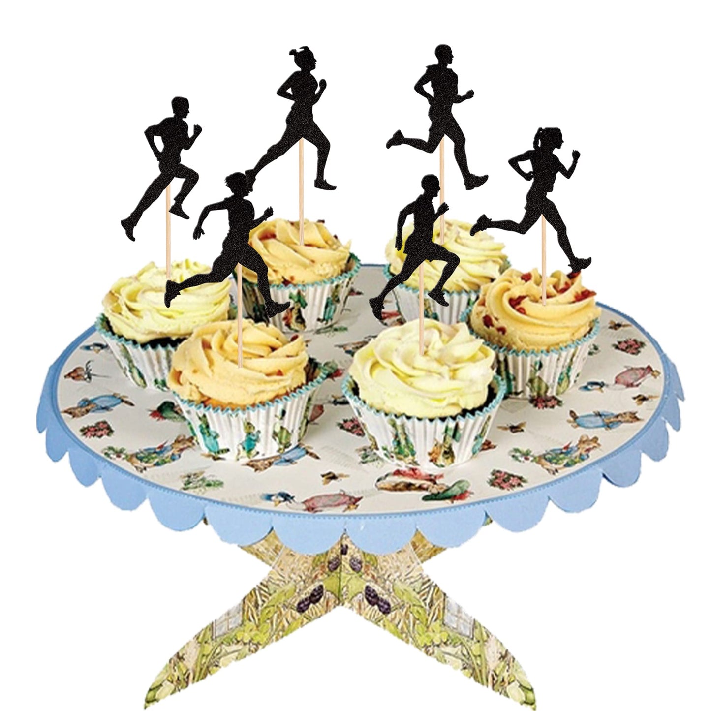 24 Pcs Running Cupcake Toppers Black Glitter Sports Fitness Cupcake Picks For Running Theme Boys Girls Birthday Party Cake Decor