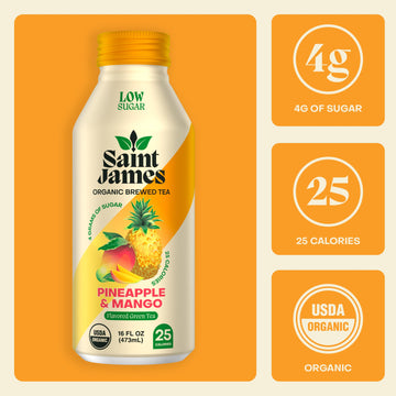 Saint James Iced Tea - Organic Green Tea - Non Gmo, Gluten Free, Low Calorie & Low Sugar - Pineapple & Mango, 12 Pack (16 Fl Oz
