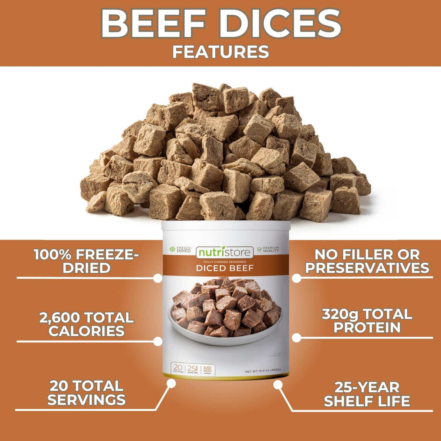 Nutristore Freeze Dried Beef Dices | Pre-Cooked Meat For Backpacking, Camping, Meal Prep | Long Term Survival Emergency Food Sup