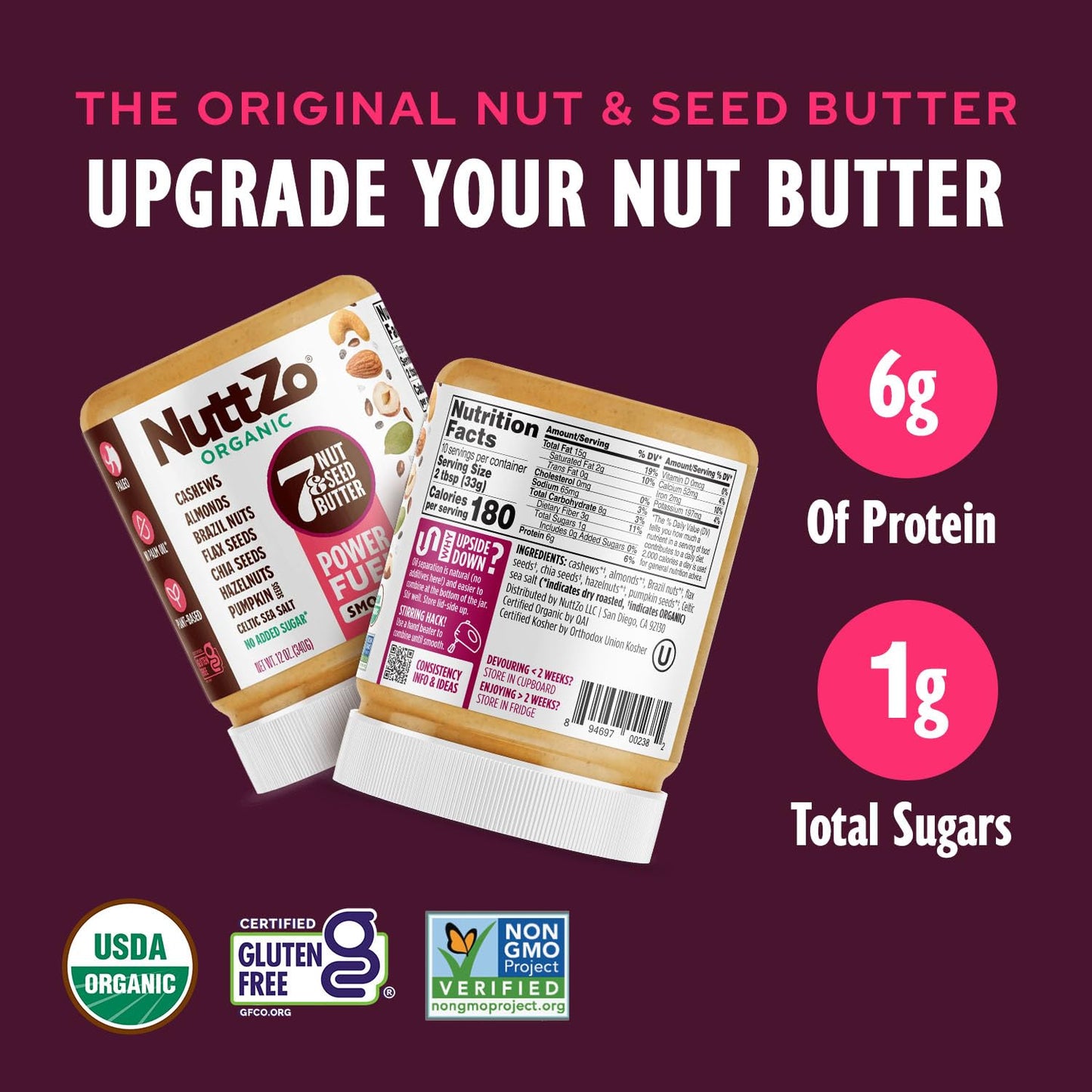 Organic Power Fuel Smooth Nut Butter by NuttZo | Seven Nuts & Seeds Blend, Paleo, Non-GMO, Gluten-Free, Vegan, Kosher | 1g Sugar