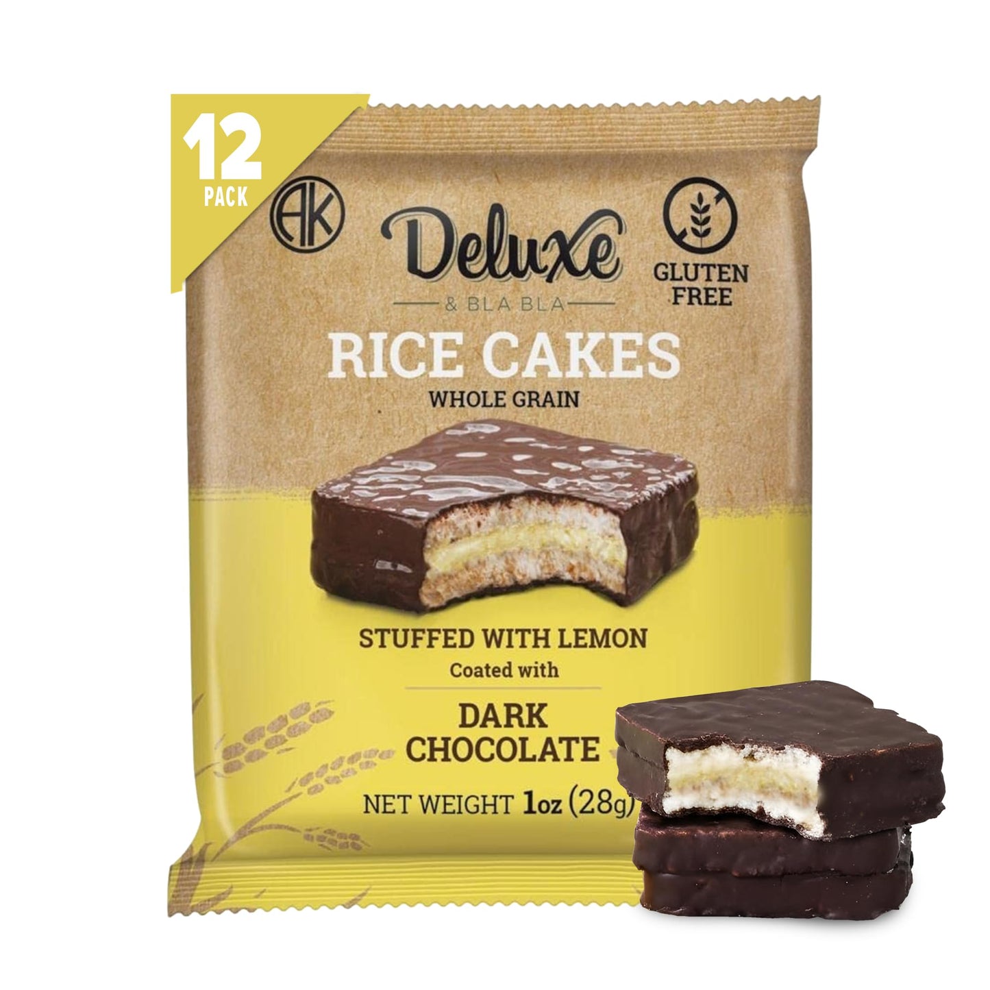 Deluxe & Bla Bla Stuffed Rice Cakes - Whole Grain Chocolate Rice Cake,Gluten Free,Low Calorie,(Alfajor) Kosher Certified - Lemon