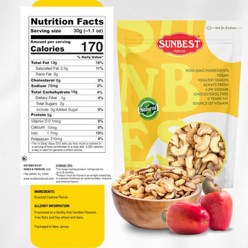 Sunbest Natural Dry-Roasted Cashew Pieces - 5 Lb Bulk Bag (80 Oz) - Unsalted, Low Sodium & Diet-Friendly - Kosher Certified Supe