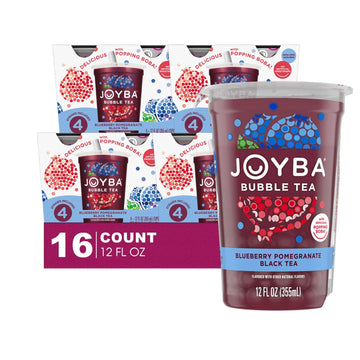 Joyba 16 Pack Blueberry Pomegranate Bubble Black Tea Cups 12 fl oz with Delicious Natural Fruit Flavored Popping Boba + 1 Freebi