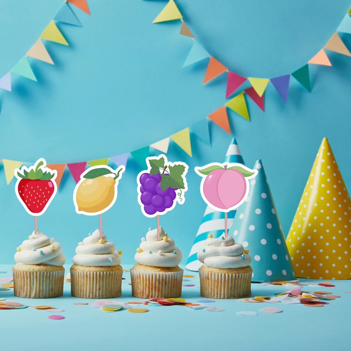 Mulukaya Fruit Cupcake Toppers, 30 Pcs, Paper, Watermelon Lemon G Banana Strawberry, Model 552, Party Decorations