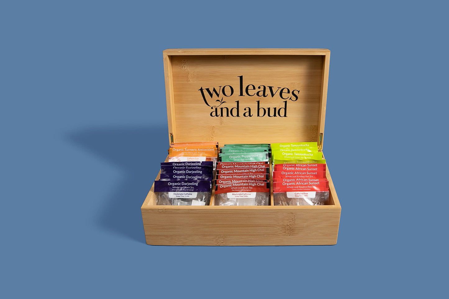 Two Leaves And A Bud Organic Tea Sampler In 6-Slot Bamboo Presentation Box - Filled Gift Box With Tea Assortment Of Green, Black