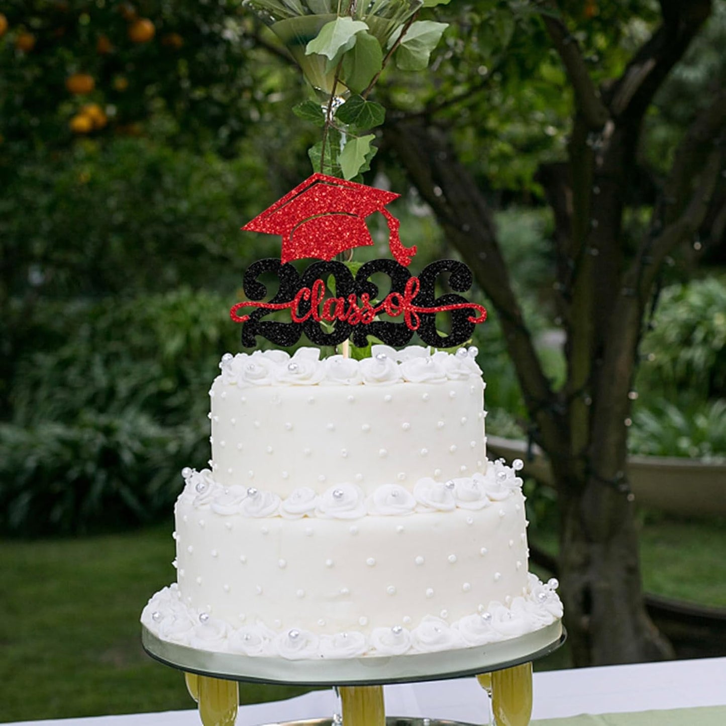 YCTHUNFISH Graduation Cake Topper - Class of 2026 Glitter Cap Decoration, Black & Red, Bamboo Material