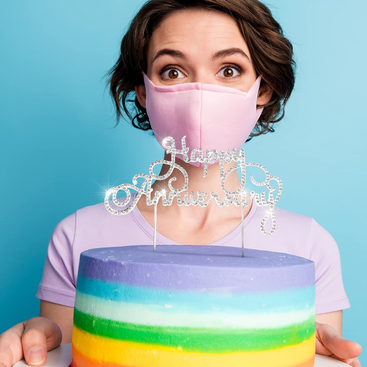 Happy Anniversary Cake Topper Wedding Anniversary Crystal Rhinestone Party Decoration Silver (Silver)