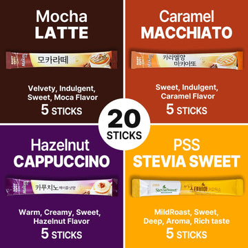 Cutie Mango Maxim Caf & Stevia Variety 20 Sticks Premium Korean Style Instant Coffee Mix Sampler Cappuccino Hazelnut Mocha Lat