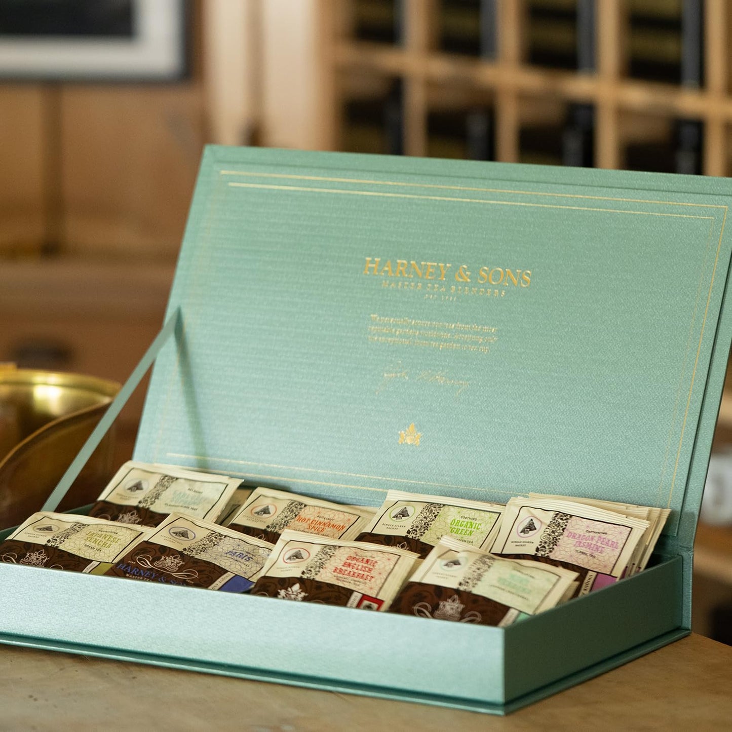 Harney & Sons Teal Tea Chest Gift, Featuring 8 Wrapped Sachet Flavors