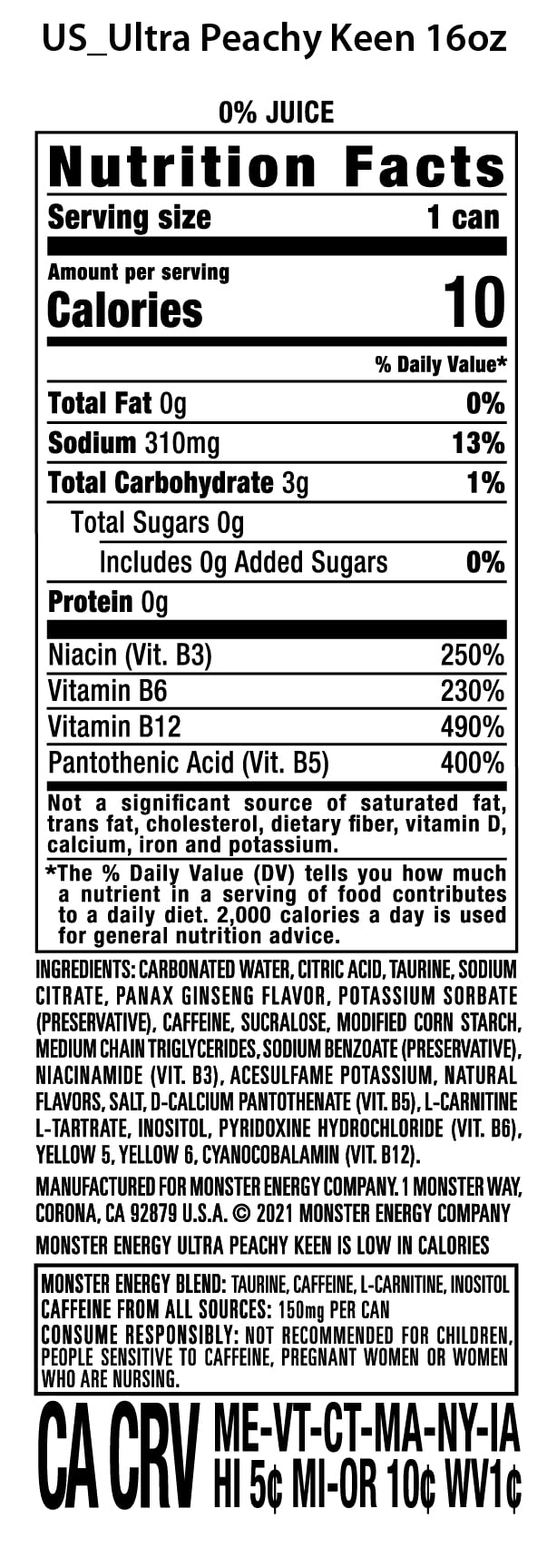 Monster Energy Ultra Peachy Keen, Sugar Free Energy Drink, 16 Oz (Pack Of 24)
