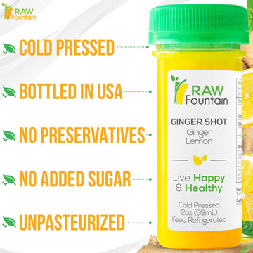 20 Ginger Shots With Lemon 2Fl Oz, Vitamin C, Raw And Cold Pressed, Unpasteurized, Boosts Immunity, All Natural, No Artificial F