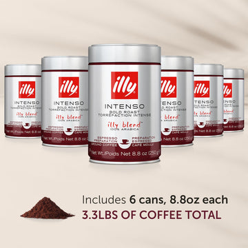 Illy Intenso Ground Espresso Coffee, Bold Roast, Intense, Robust And Full Flavored With Notes Of Deep Cocoa, 100% Arabica Coffee, No Preservatives, 8.8 Ounce Can (Pack Of 6)