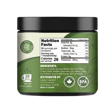 Grelim Mushroom Matcha, Japanese Ceremonial Matcha Infused With 7 Superfood Mushrooms, Mct Oil, Coconut Milk Powder, Great Tasti